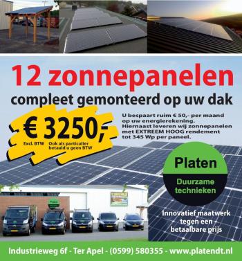 Aanbieding 12 zonnepanelen voor €3250,- bij Platen Duurzame Technieken in Ter Apel Aanbieding 12 zonnepanelen voor €3250,- bij Platen Duurzame Technieken in Ter Apel