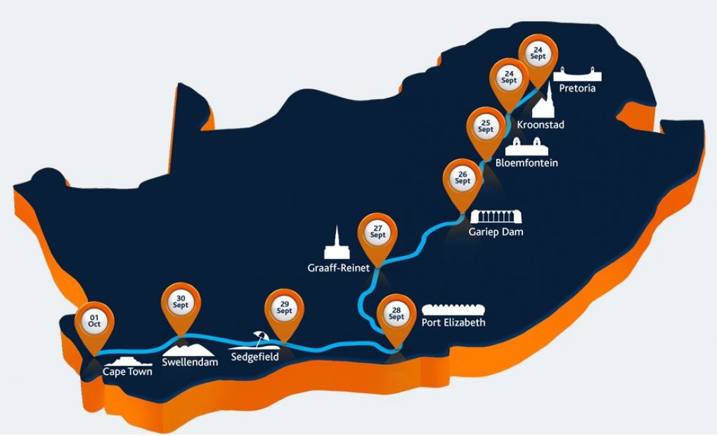 De route map voor zonneauto Nuna bij de SASOL Solar Challenge te Zuid Afrika