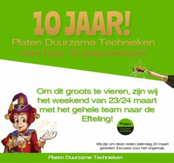 Platen Duurzame Technieken, 10 jarig jubileum! Platen Duurzame Technieken, 10 jarig jubileum!
